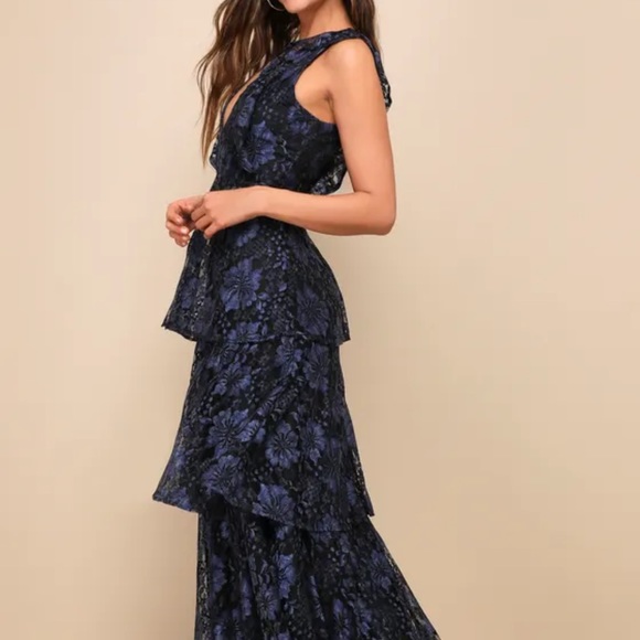 Lulus Molinetto Navy Blue Lace Ruffled Tiered Sleeveless Maxi Dress - Picture 2 of 5